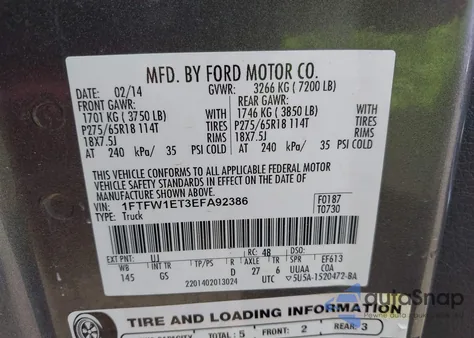 2014 Ford F-150 Xlt from USA, damaged, VIN 1FTFW1ET3EFA92386